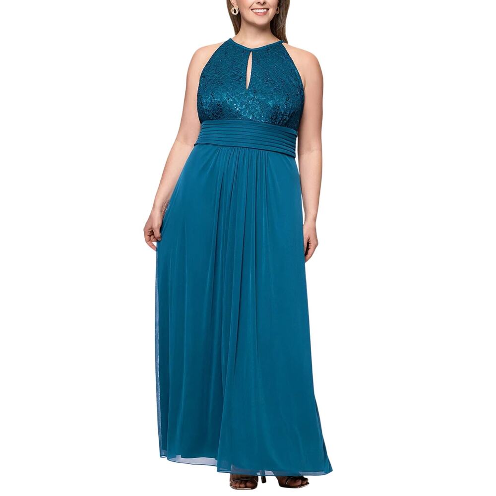 Betsy & Adam Blue Evening Gown Sequin Lace Cut Out A-Line Formal Dress Size 14W
